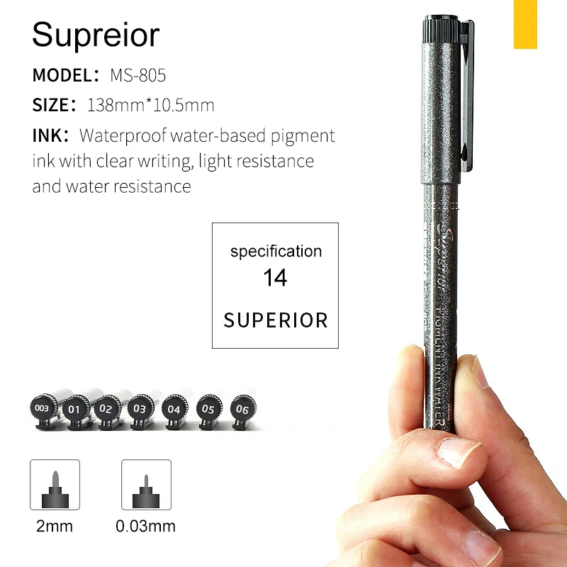 Superior 8pcs Waterproof Fade Proof Micron PenTip Fine Liner Black Sketch Water Marker Pen for Manga