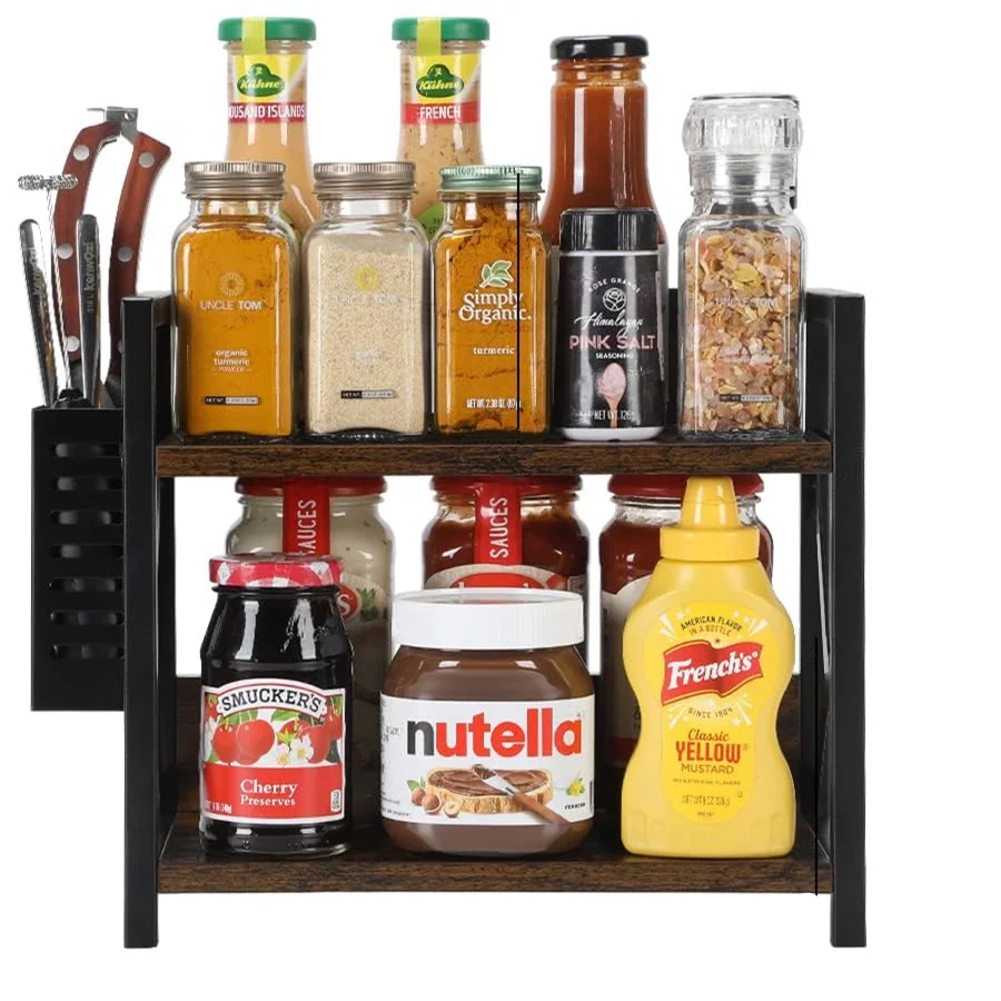 2 Tier Coffee Condiment Bar Accessories Organizer Station, Wooden Kitchen Countertop Storage Spice Rack Shelf