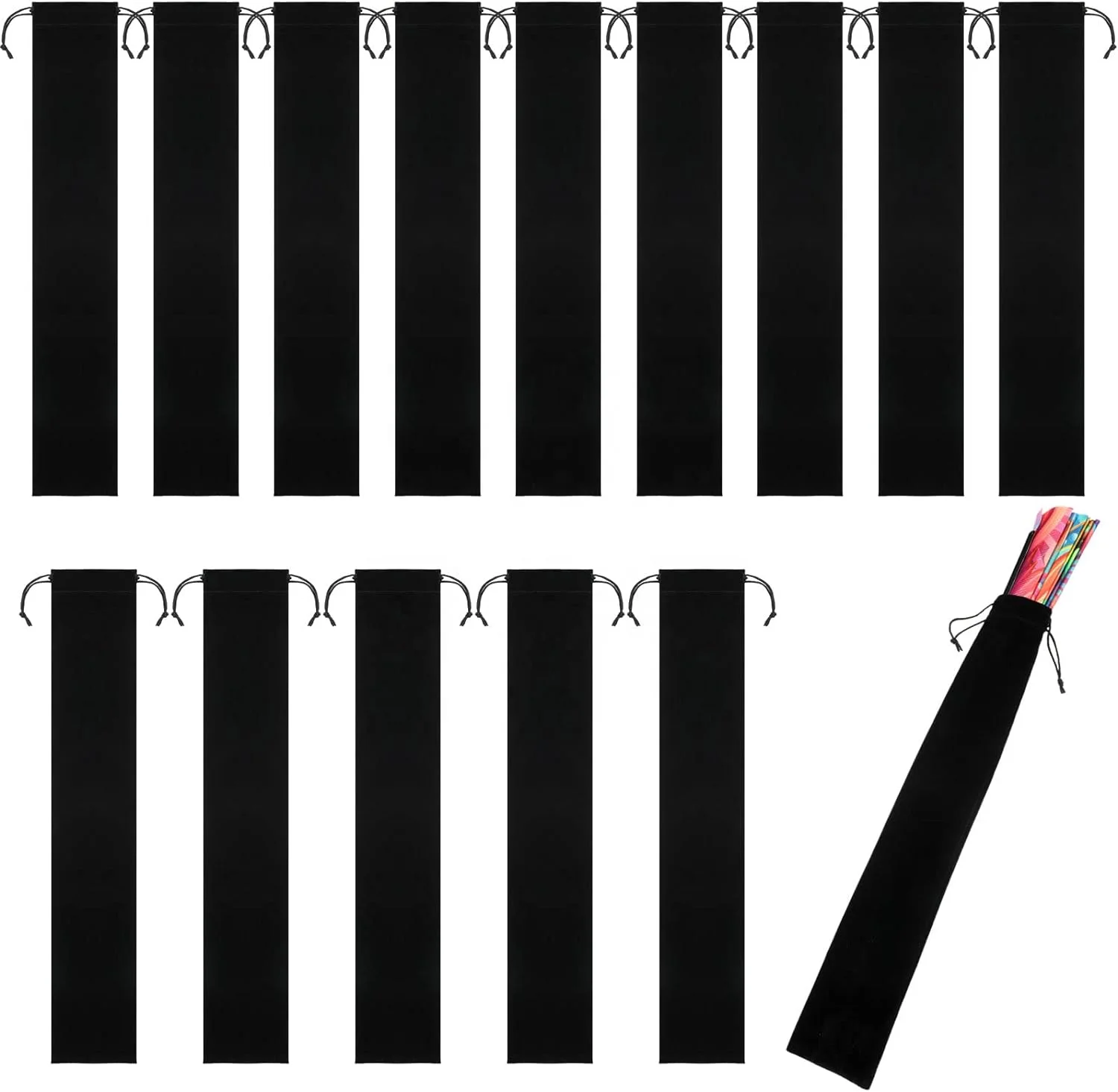 Large Velvet Folding Hand Fan Bag with Drawstring 14.57 x 2.76 in Black Fabric Sleeve Hand Fan Protector Gift Wrap Bags Gift