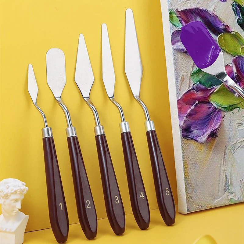 5pcs Stainless Steel Spatula Palette Knife Art Supplies Painting Plastic Handle Paint Color Mixing Scraper