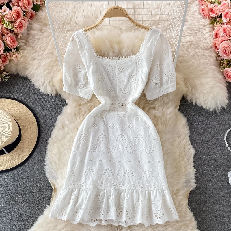 Summer ANSZKTN Square Collar Puff Sleeve Hollow Dress Fairy Style Crocheted Ruffled Slim Fit Sheath Dress Short Sleeve Dress