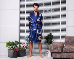 Two piece silk robe set Luxurious satin bathrobe long sleeve Chinese dragon design pajamas for men