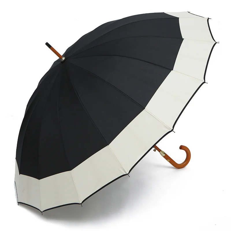 Wholesale big size 25 inch 16 ribs wooden shaft wooden handle straight umbrella with connected edge