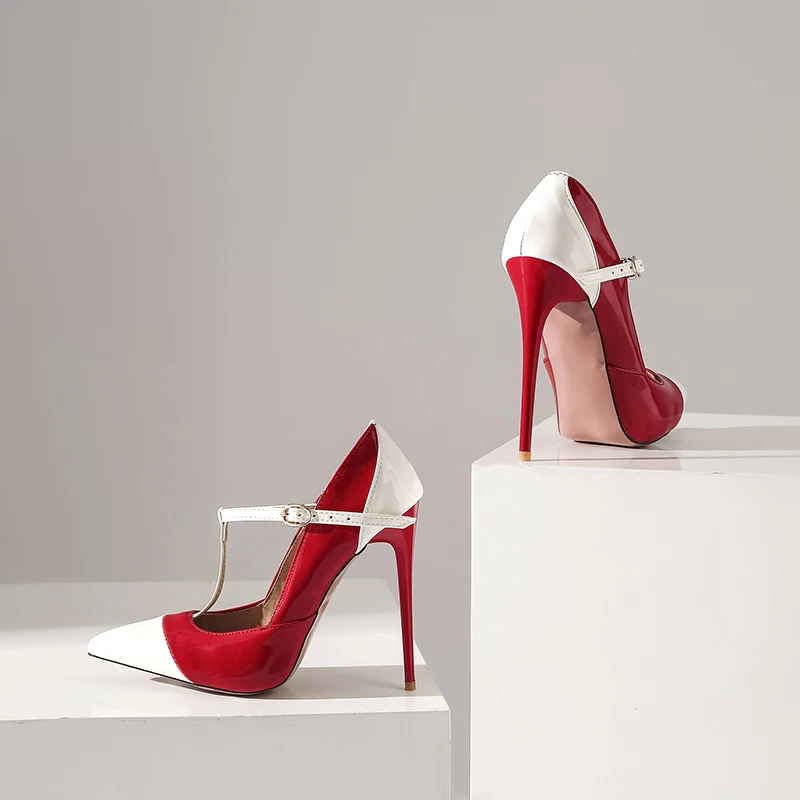 
Fashion Patchwork Pointed Toe Banquet Sexy T Strap Thin Heels Pumps for Ladies 