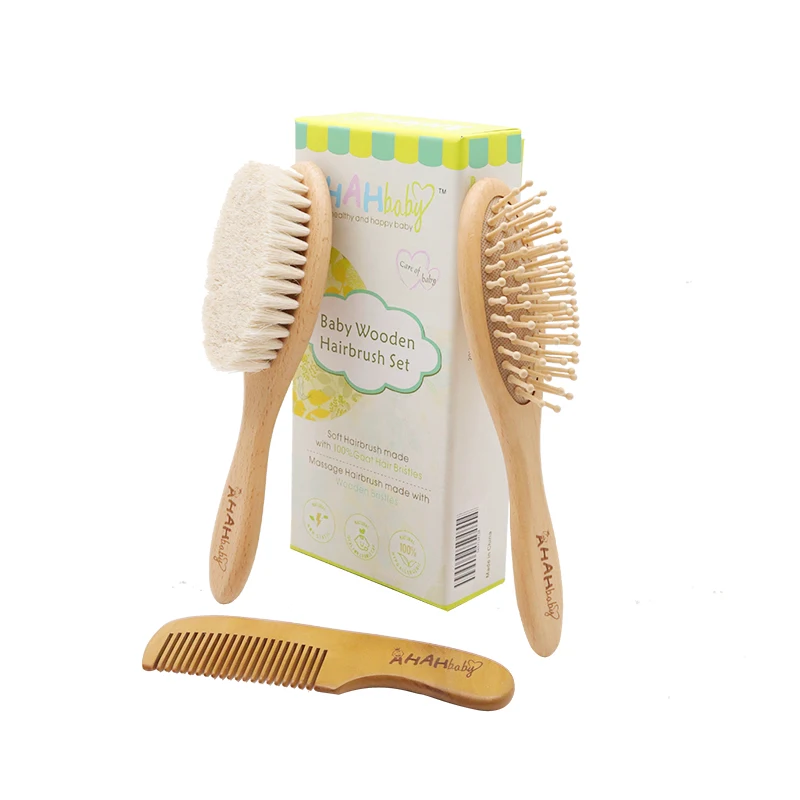 factory direct sale baby wooden brush set 3-piece 100% natural goat hair baby brush for newborn eco-friendly kids brush hot sale