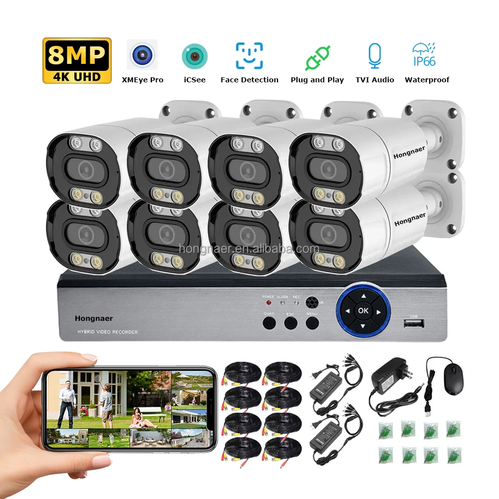 Hongnaer 8MP AHD Home DVR 8 Channel 4K Digital Video Recorder Security Camera Kit Surveillance System Indoor Outdoor CCTV System