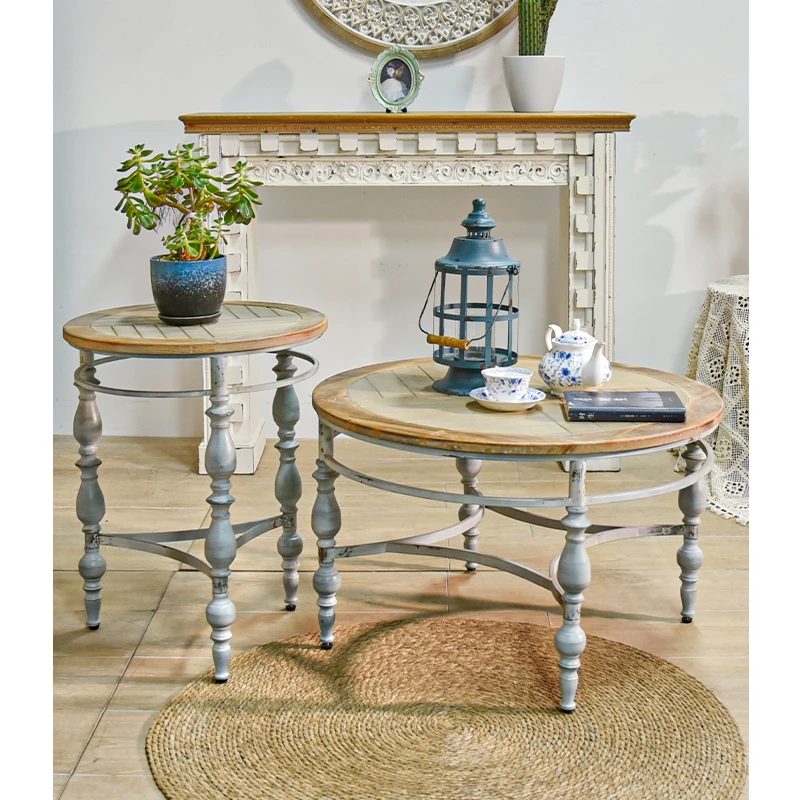 Farmhouse Rustic Shabby Chic Round Coffee Table Metal Leg Mdf Wood Corner Side End Table Furniture for Living Room