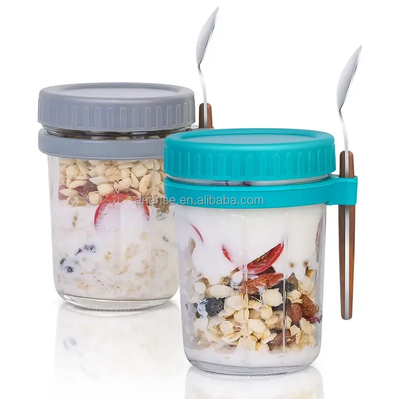 Popular Hot Sale Empty 350ml Glass Overnight Oats Container Glass Mason Jar Yogurt Oatmeal Jars with Lid
