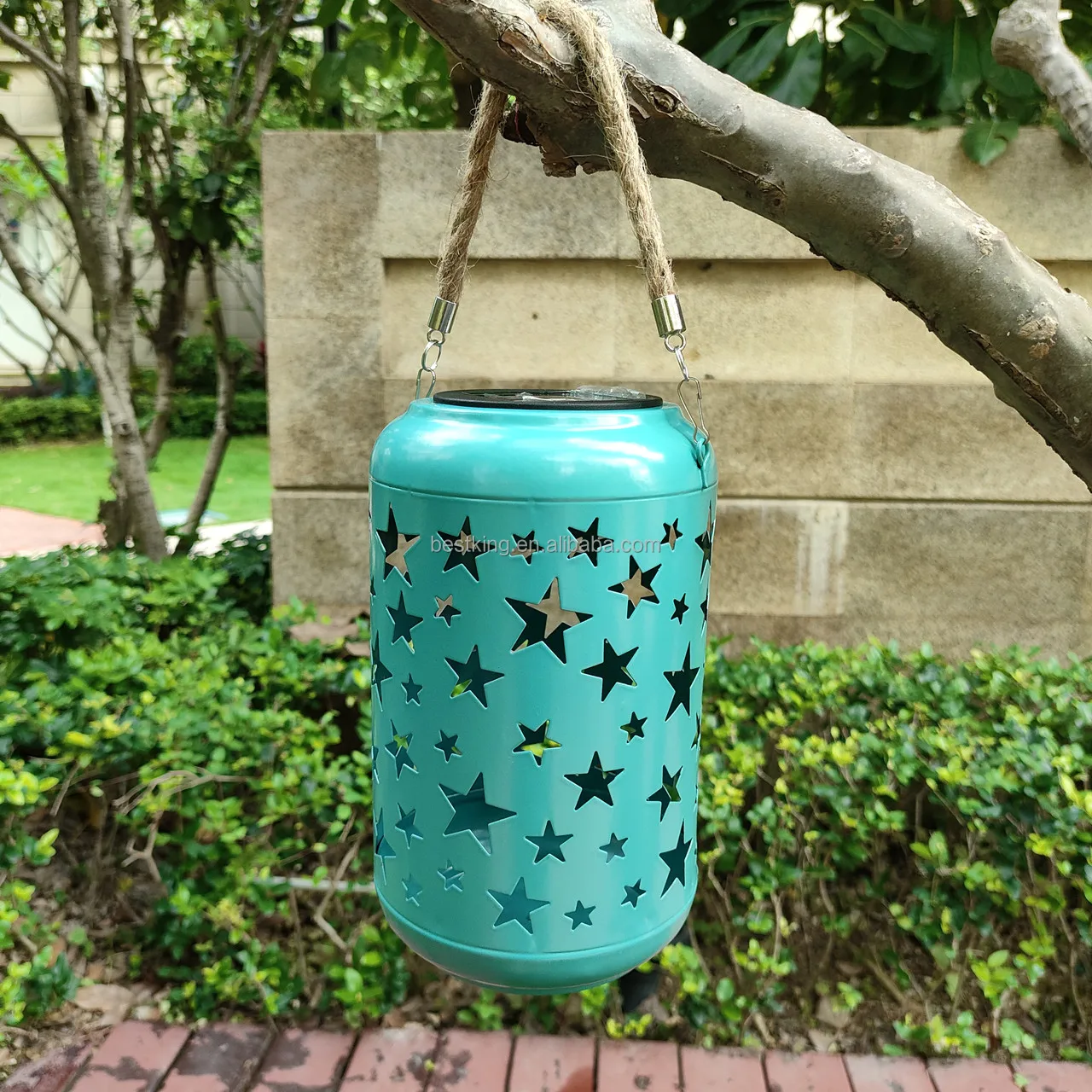 Waterproof outdoor solar powered metal five-star hollow lantern for yard garden festival decoration