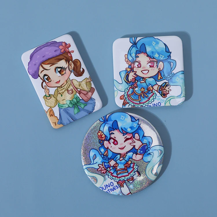 Juno Creative custom cartoon anime hologram tinplate button pins,wholesale colorful round holographic badges