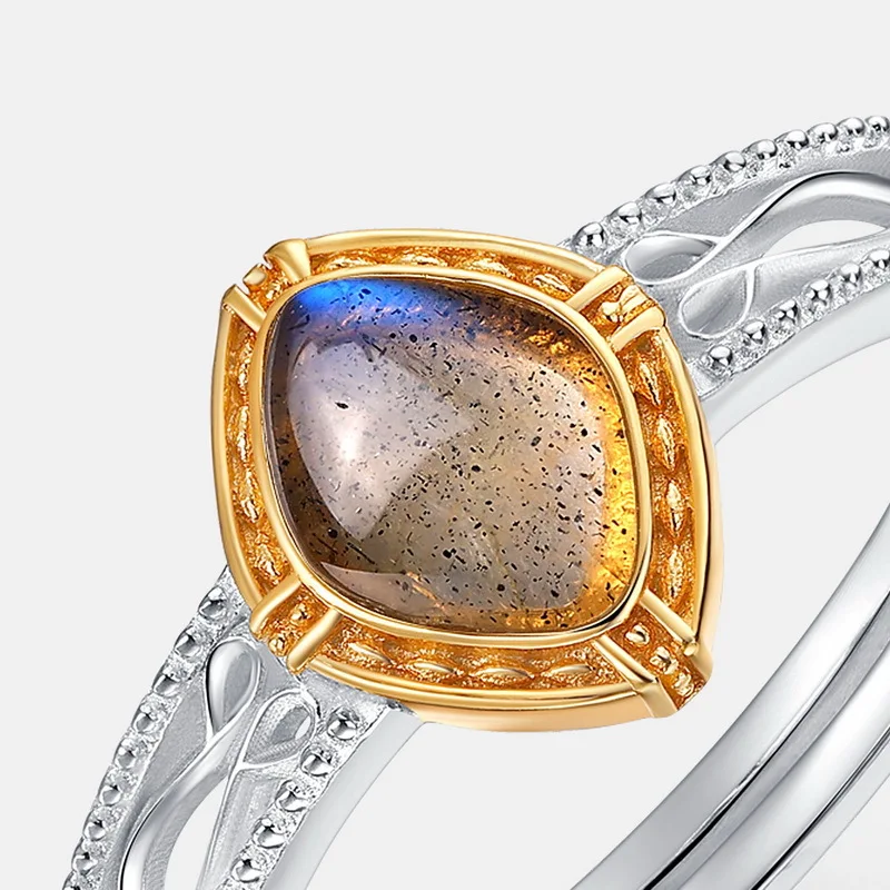 925 Sterling Silver 14K Gold Plated Gemstone Vintage Double Layer Hollow Shell White Crystal Ring