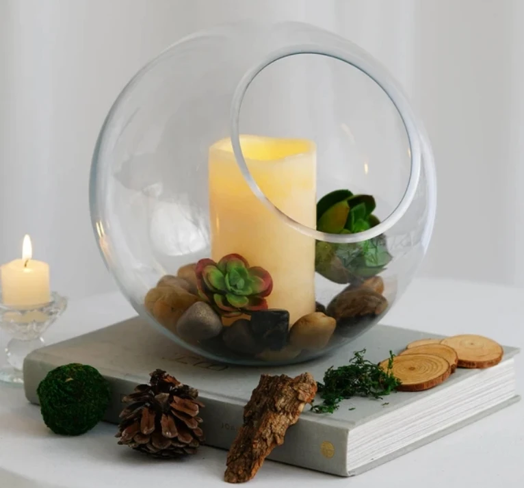 Customized Slant Cut Round Clear Sphere Vase Hobnail Glass Bubble Vase Table Top Candle Holder