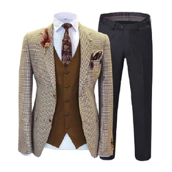 Custom Slim Fit Tweed Wool Business Plaid Design Wedding Groom 3 Piece Suits Set For Men