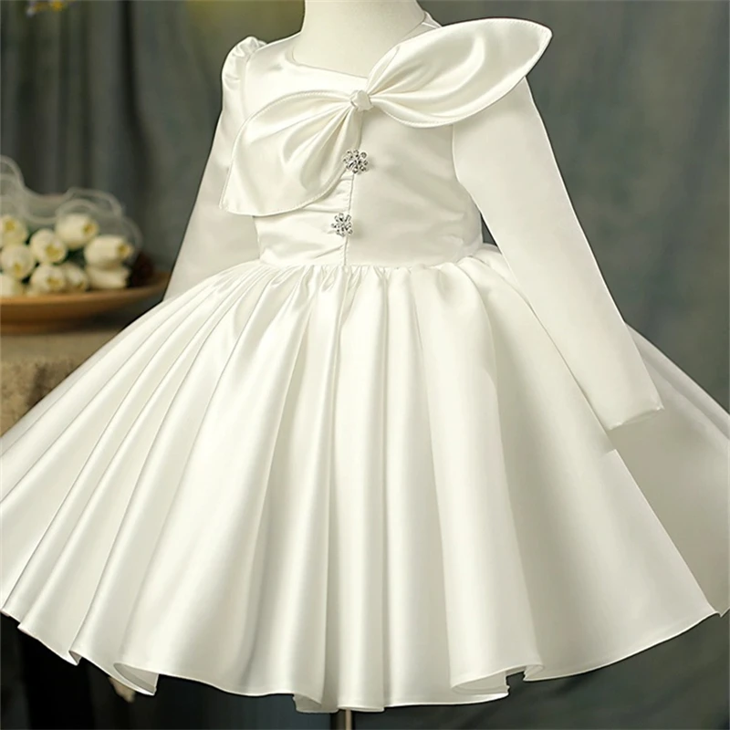 Child Girls Latest Design Wedding Dress Spring Autumn Long Sleeve Princess White Elegant Ball Gown Kids Puffy Dresses