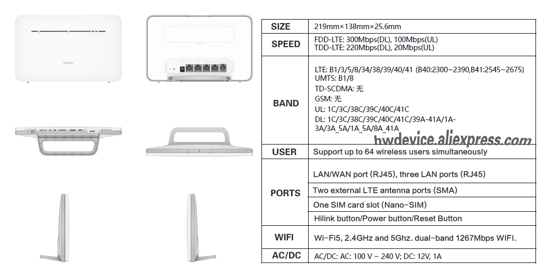 New HUAWEI B535-836 Router 4G CPE Cat 7 300Mbps Routers WiFi Hotspot Router with Sim Card Slot 4 Gigabit Ethernet ports