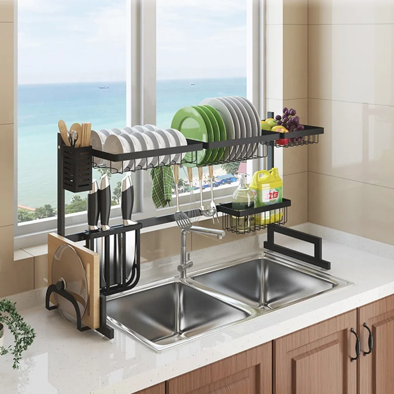 2 Tier Wire Metal Stainless Steel Hanging Tableware Kitchen Drying Dish Rack With Drainer