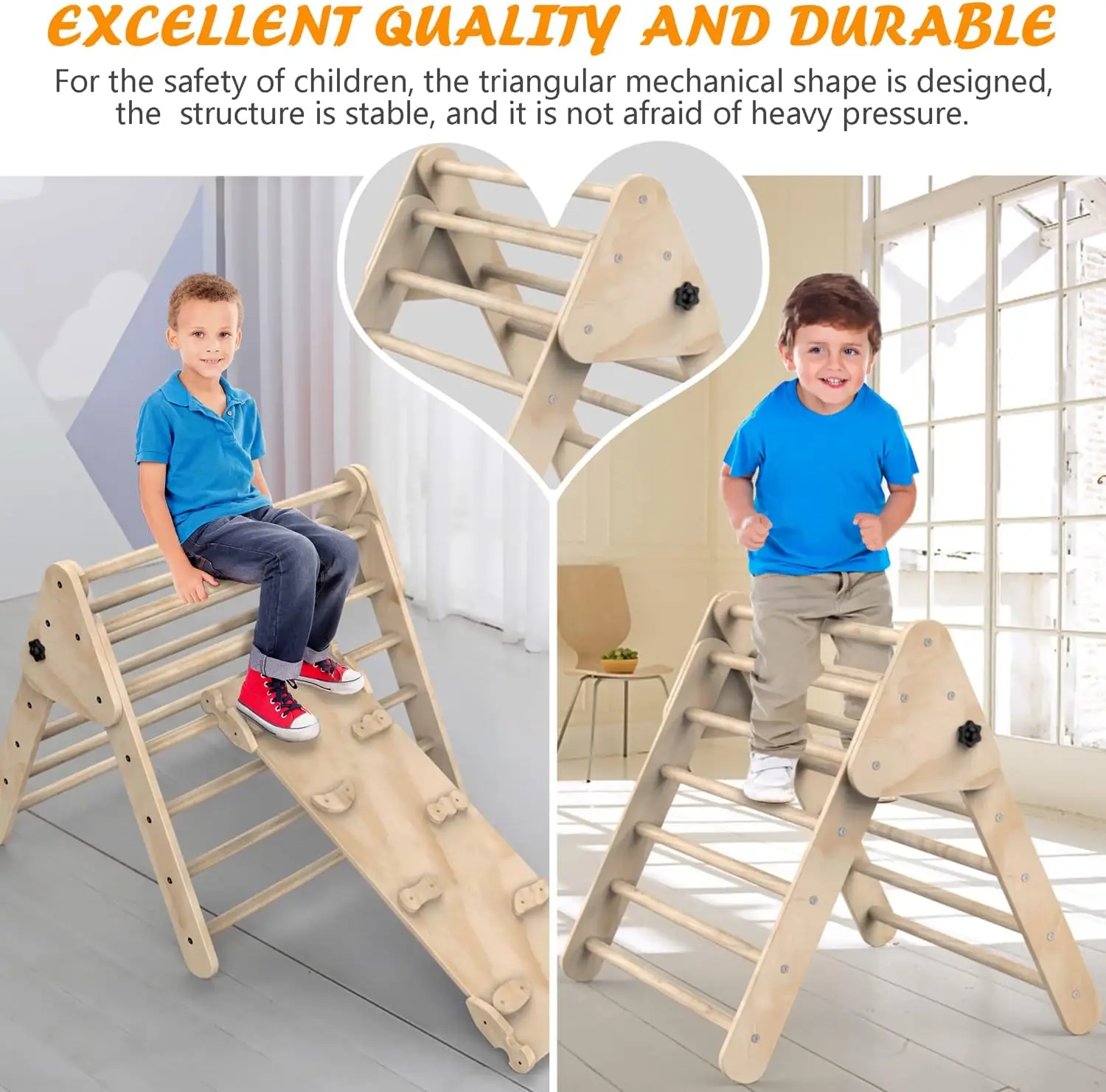 Set of 3 Wooden Safety Sturdy Kids Play Gym Foldable Climbing Triangle Ladder Toys with Ramp for Sliding or Climbing