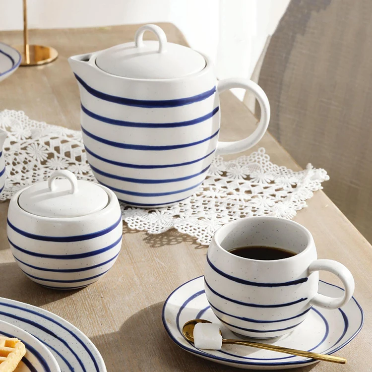 Hand-painted white blue stripe speckle stoneware dinner set luxury matte ceramic dinner plate porcelain nordic dinnerware set
