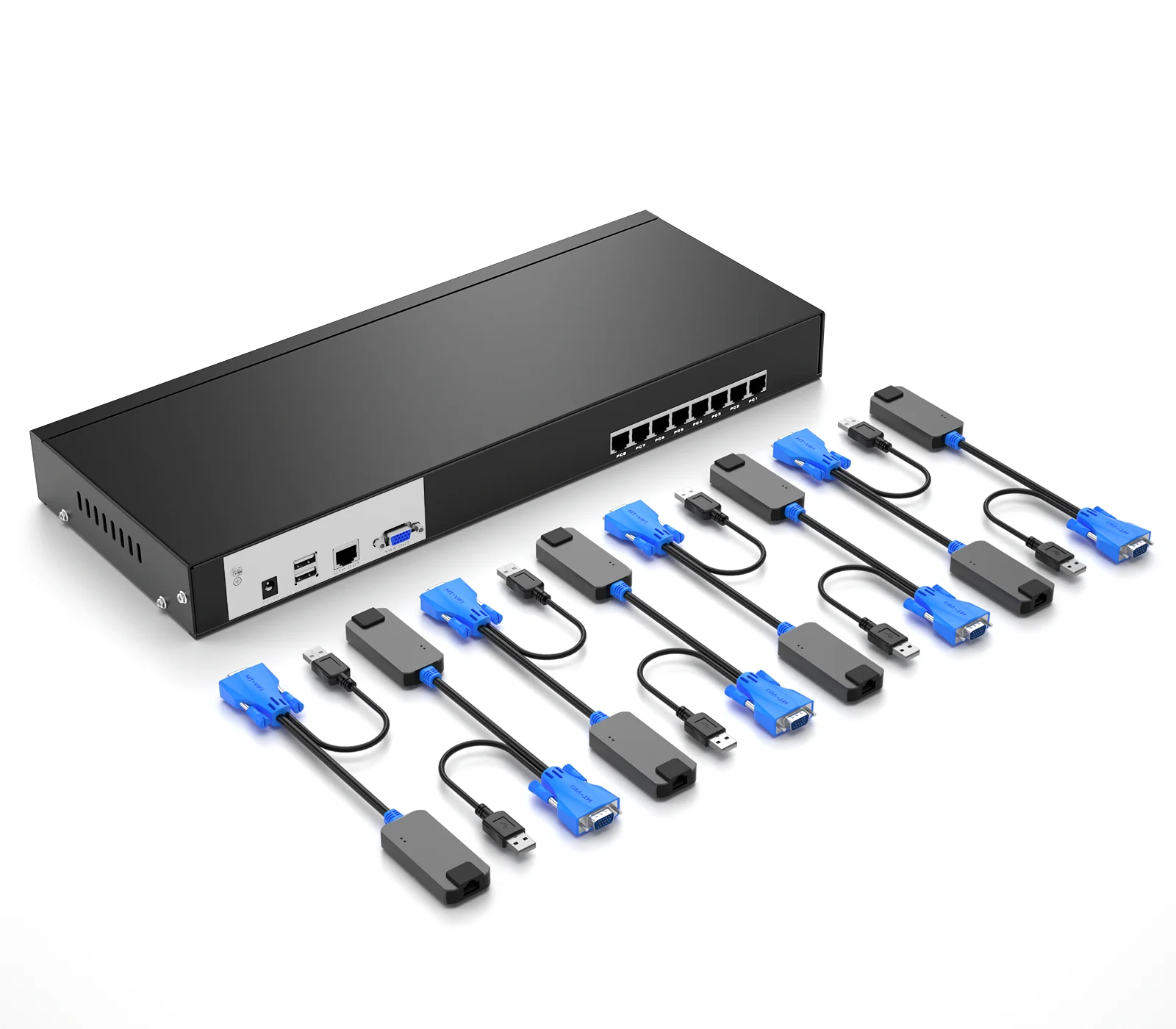 8 Port USB VGA KVM Switch over Ethernet, MT-VIKI VGA Extender KVM Console 8x1 over Cat5e 6/7/8 + 8 VGA to RJ45 Adapters
