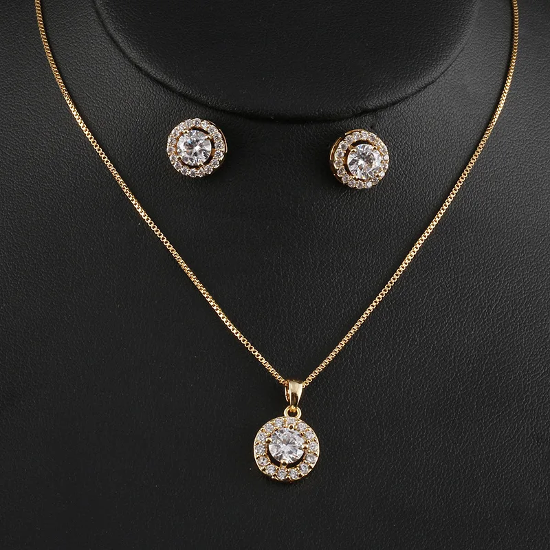 ROMANTIC Elegant Cubic Zirconia Women Fashion Rose Gold Earring Necklace Jewelry Set