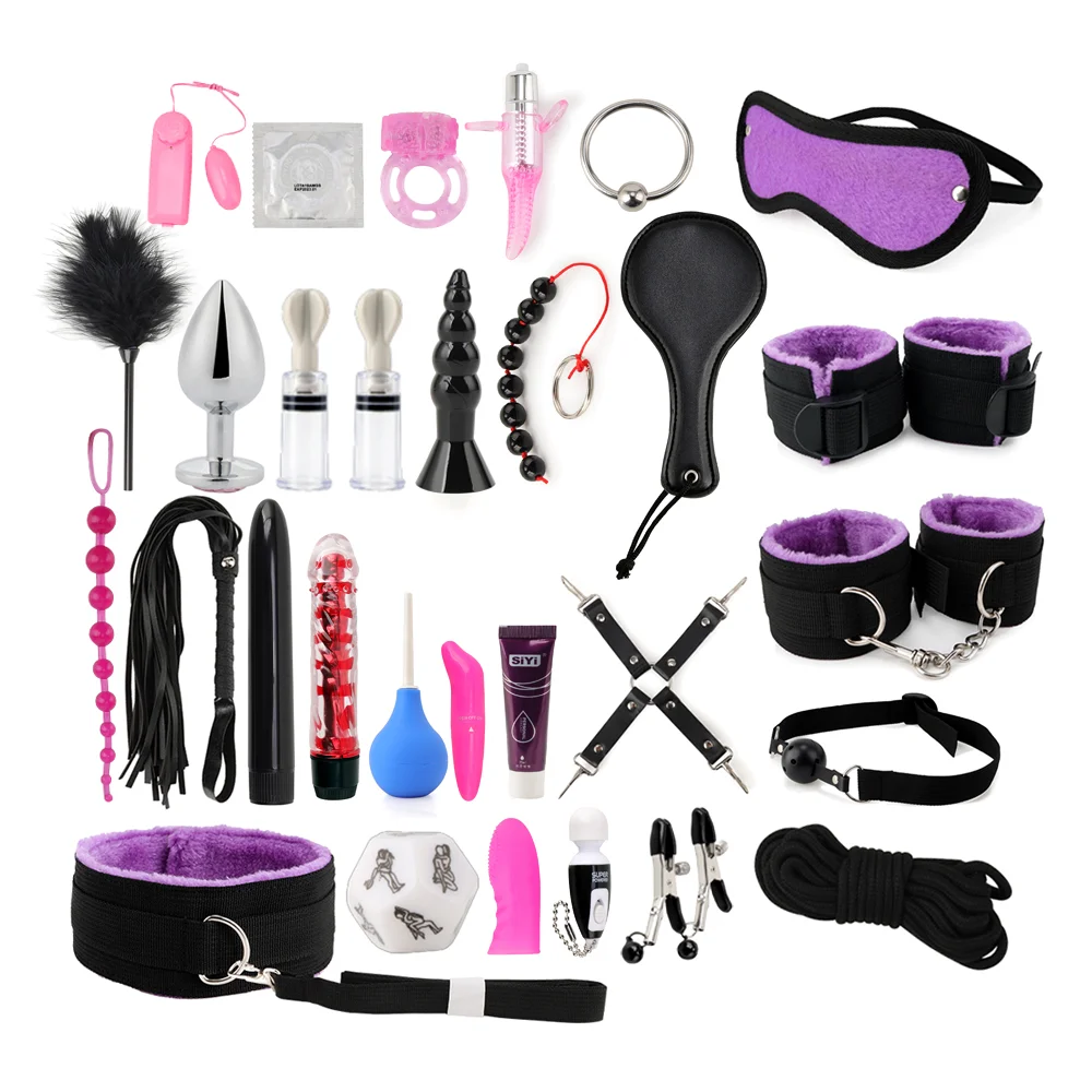 30pcs Sexy Lingerie Anal Beads Condoms Nipple Clamps Handcuffs Whip Rope Anal Vibrator adult bondage toys for Couples Sex Games