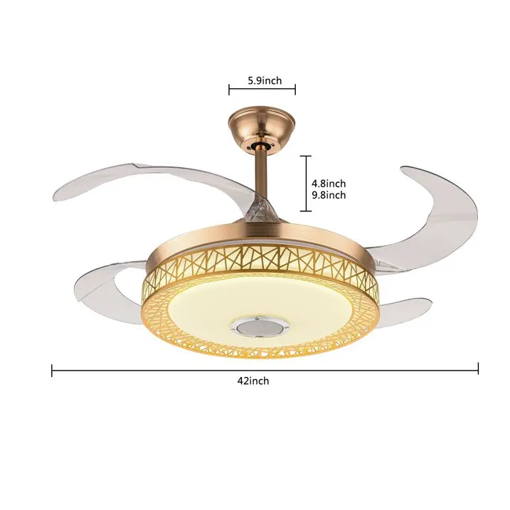 42inch Invisible Ceiling Fan Bluetooth Speaker Remote LED Lamp 4 Retractable Blade Chandelier 3 Color Changing LED Pendant Light