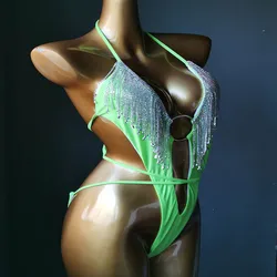 NEW STOCK 3Colors Diamond Swimwear Long Ties Fringes High Leg Brazilian Crystal One Piece Swimsuit