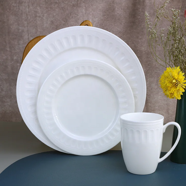 white custom design embossed white porcelain bone china dinner set restaurant crockery set