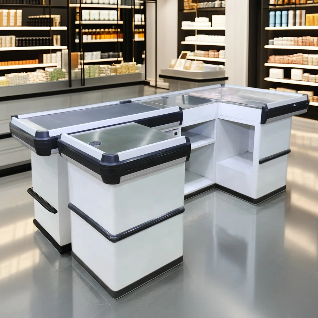 Electric Metal Supermarket Cashier Counter/Cashier Desk/Checkout Counter With Conveyor Belt Retail Store Checkout Counter