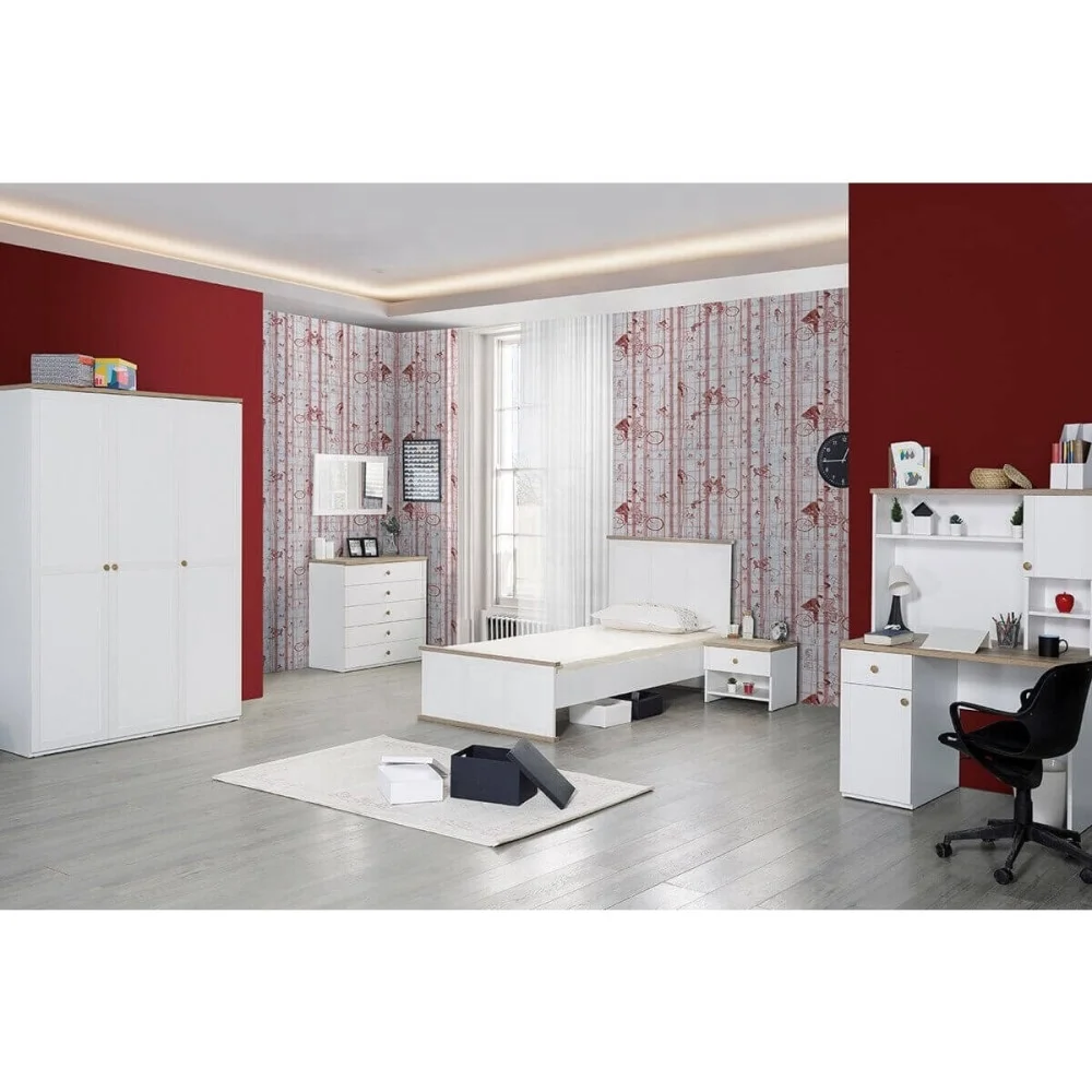 
wardrobe 2 type beds Night Stand Chest of Drawer Wardrobe Study Desk white painted wood Bedroom Furniture Set kids (ider TERRA) 