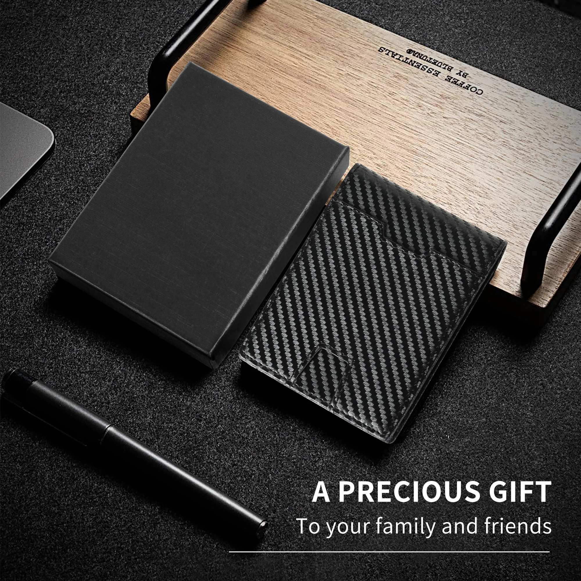 Minimalist Carbon Fiber Leather Wallet for Men Bifold with Metal Money Clip RFID Blocking Slim Design Box Closure Made From PU