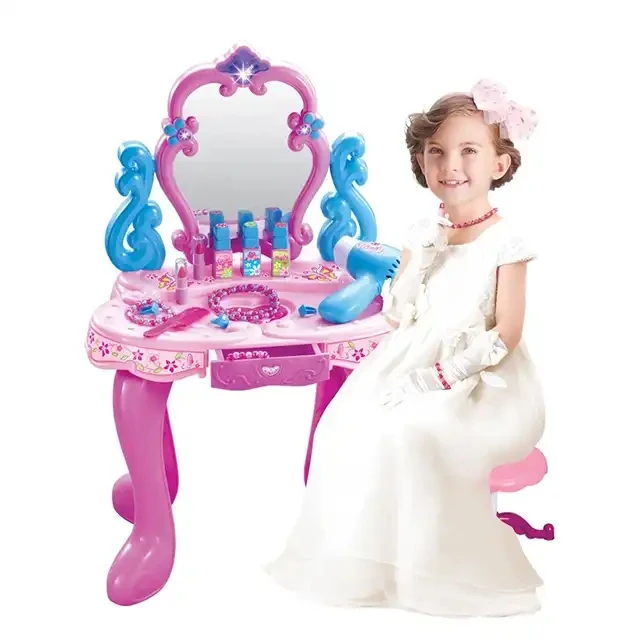 Toys Girl Dresser Mirror-Pink Dressing Table Music Dresser With Mirror And Lights