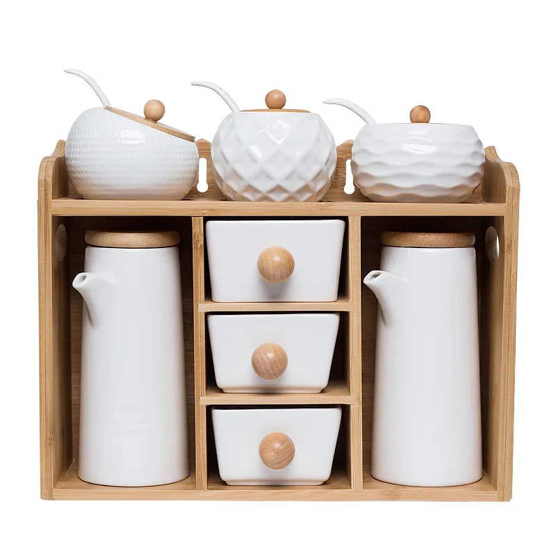 Wholesale Bulk 8pcs Organizer White Ceramic Herbs Spice Jar Set with Bamboo Lid and Storage Rack