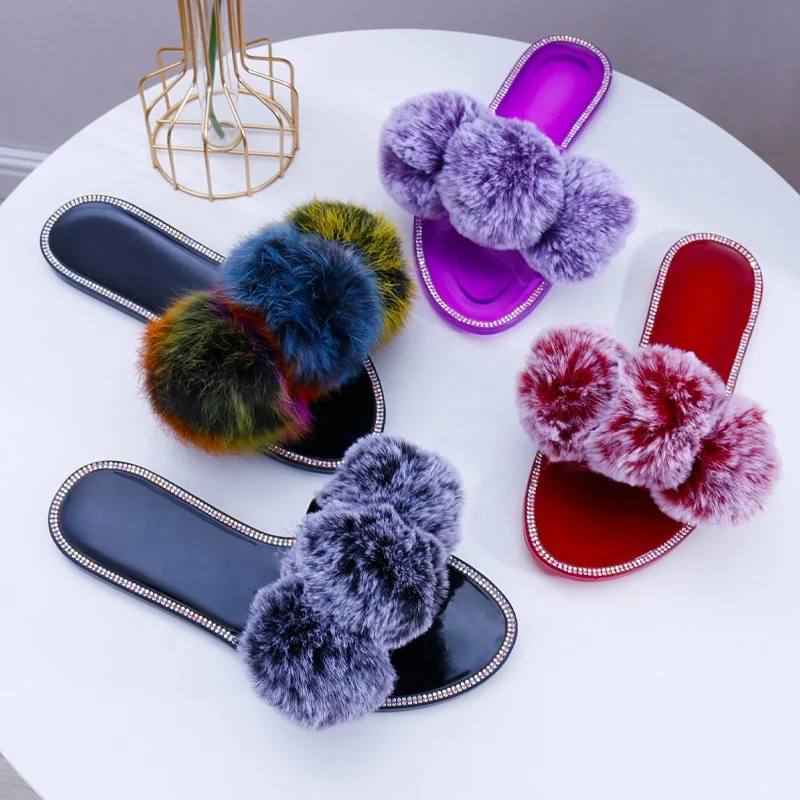  JDS01 New Fashion Cute Faux Fur Pompom Jelly Slippers Sandals For Ladies