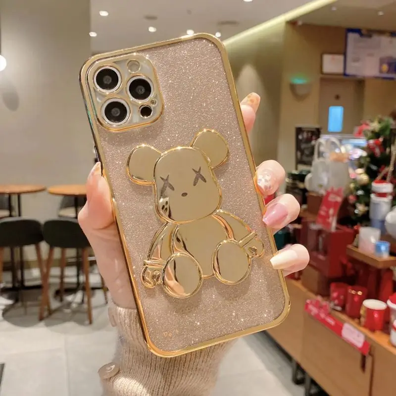 glitter transparent Silicone Lens Protection Cover Cute Bear Plating Phone Case for iPhone13 11 12 xs promax