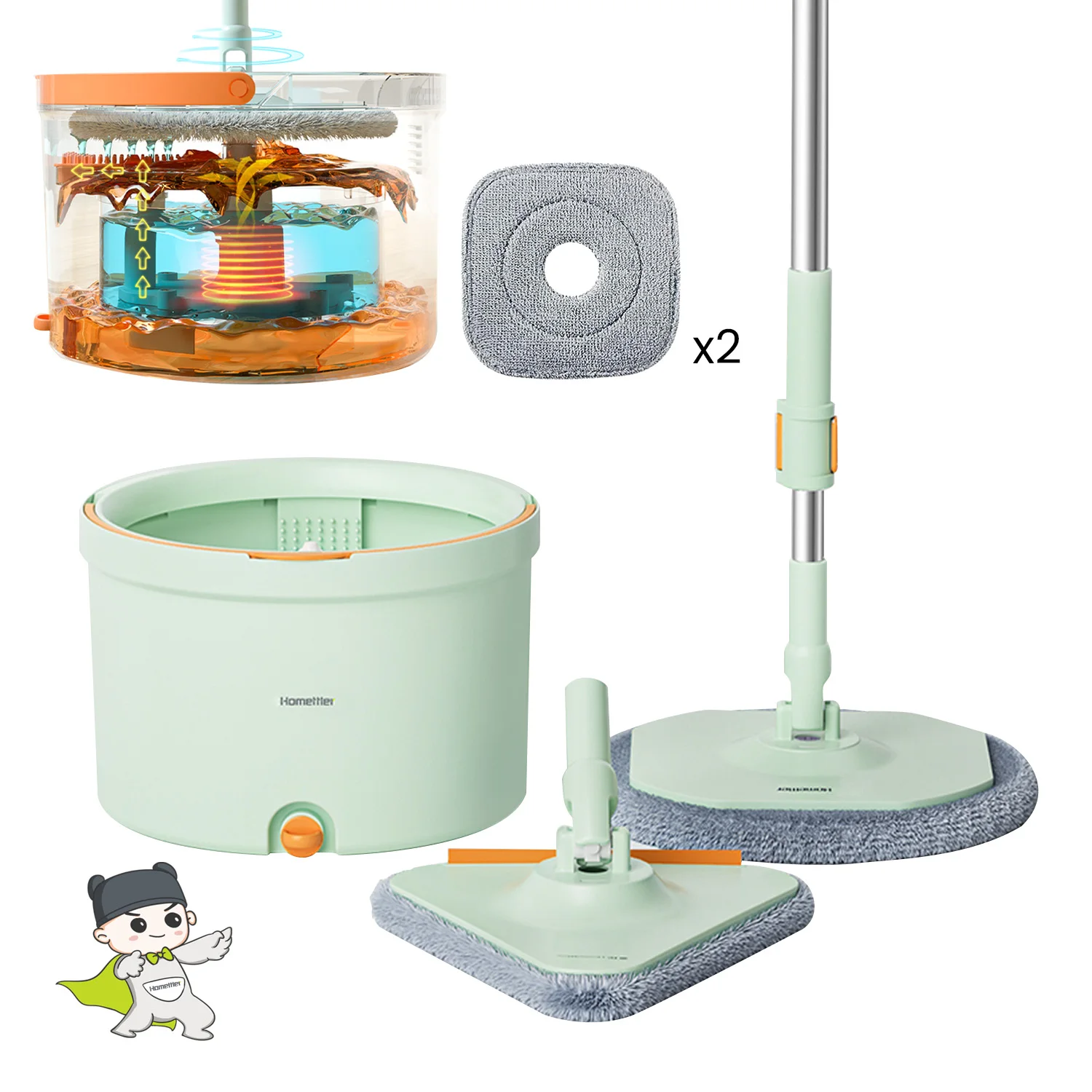 Homettler CoolMop Trap Hairs Flat Spin Mop and Bucket Floor Window Cleaning Self-separate Clean Water & Dirty Water Hands Free