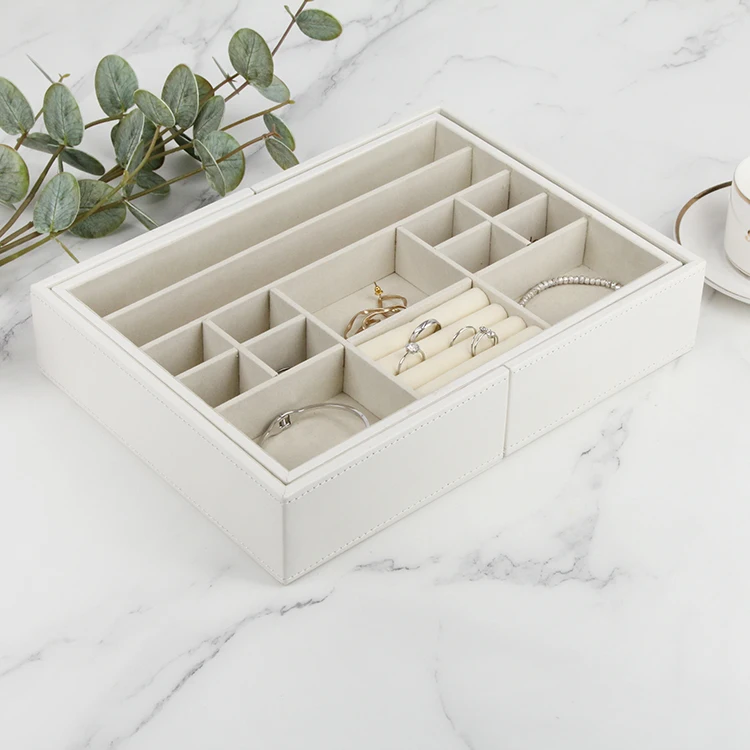 White Leather Jewelry Tray Display Without Cover with Pull-out Ends and Many Compartments