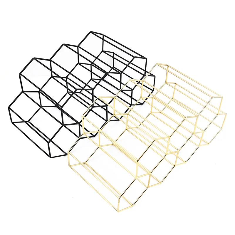
Manufactor Black and Gold Northern Europe Iron Art BottleLike Honeycomb Form Tabletop Metal Wine Rack 