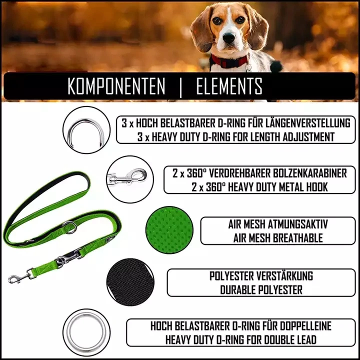 Custom Multifunction colored reflective Mesh Neoprene padded Pet lead Double hook Dog leashes for Training Running