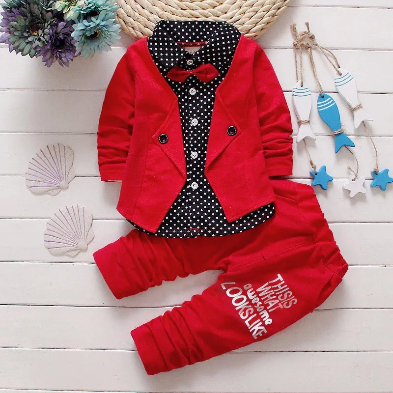 Wholesale Boutique Childrens Fashion 2 Piece Sets Clothes With Red Boe Tie Kids Baby Boy Clothing Set