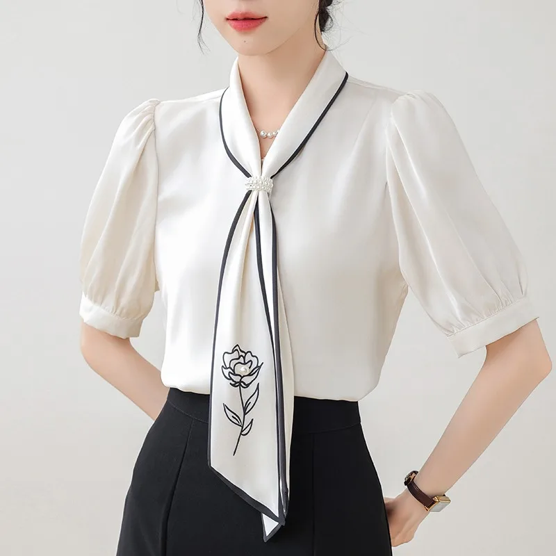 Short-sleeved Bow Neck Satin Shirt Top Casual Loose Blouse with Beading Flower Femme Blusa 8977#