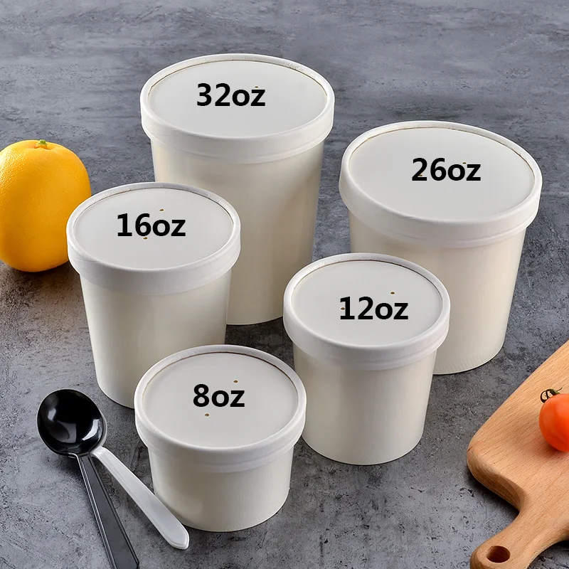Disposable takeaway food packaging white paper soup packaging cup with lid