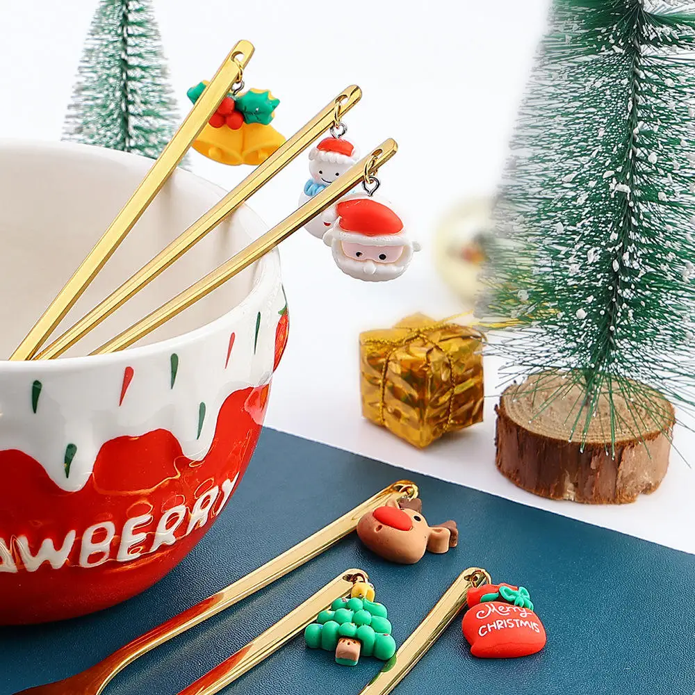 Hot Selling Christmas Gift 6pcs Stainless Steel Gold Teaspoon And Fork Gift Set  Christmas Coffee Spoon Set Cute Cutlery Set