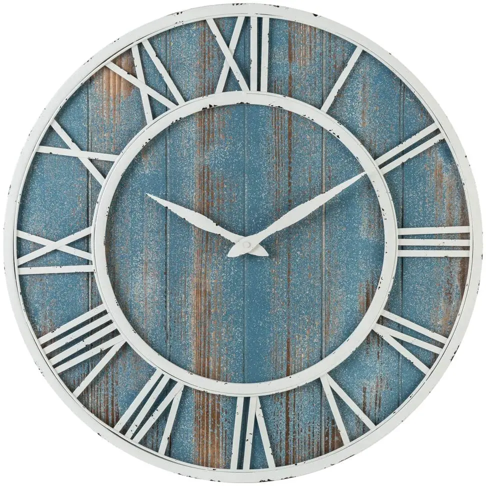 
Coastal Wall Clock - Metal & Solid Wood Noiseless Weathered Beach Blue Wall Clock (Coastal Blue, 24-inch) 