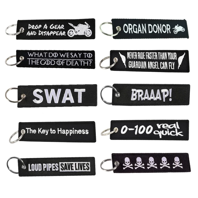 We offer a variety of motorcycle embroidered keychains featuring the Remove Before Flight tagline, and support customization.