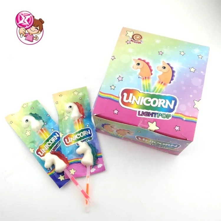The factory wholesale halal fruit-flavored unicorn-shaped lollipops for kids