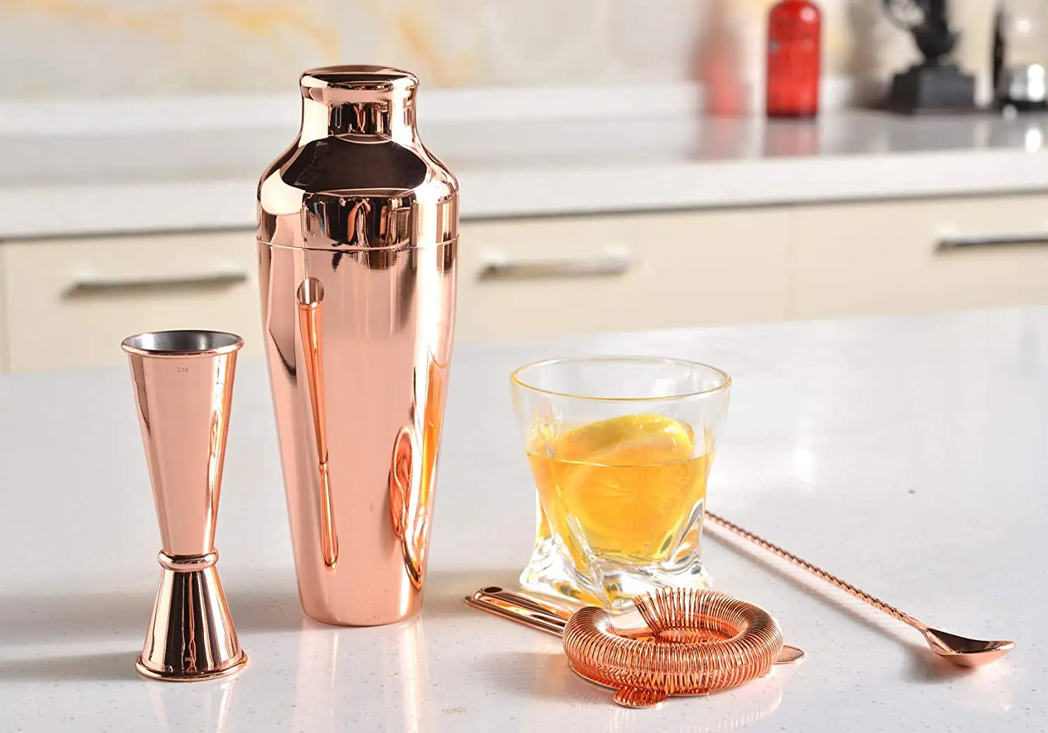 Martini Bartender Kit Copper Coated Set with Bamboo Stand 19 oz Parisian Gold Cocktail Shaker with Bar Accessories