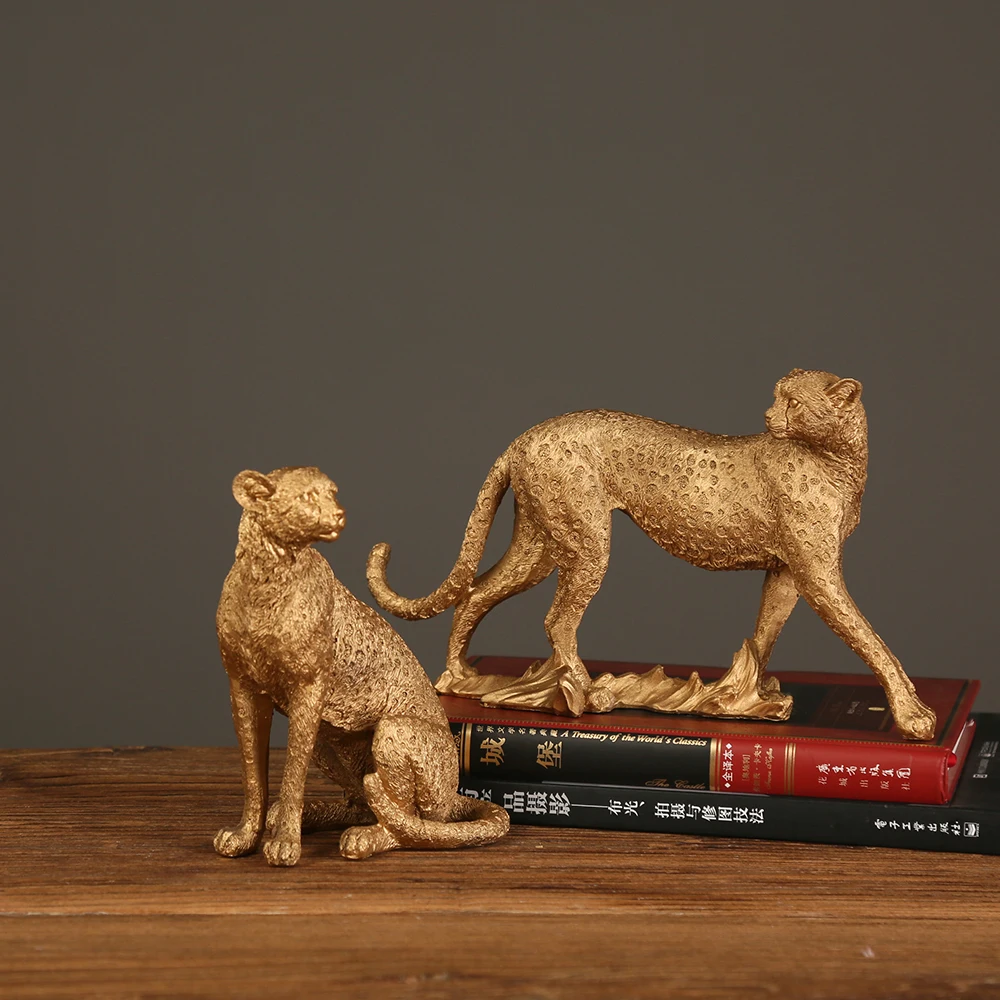 Statue Figurine Sculpture Home Office Table Desktop Decor Ornaments leopard gold Golden Cheetah Handmade Decorative ornaments