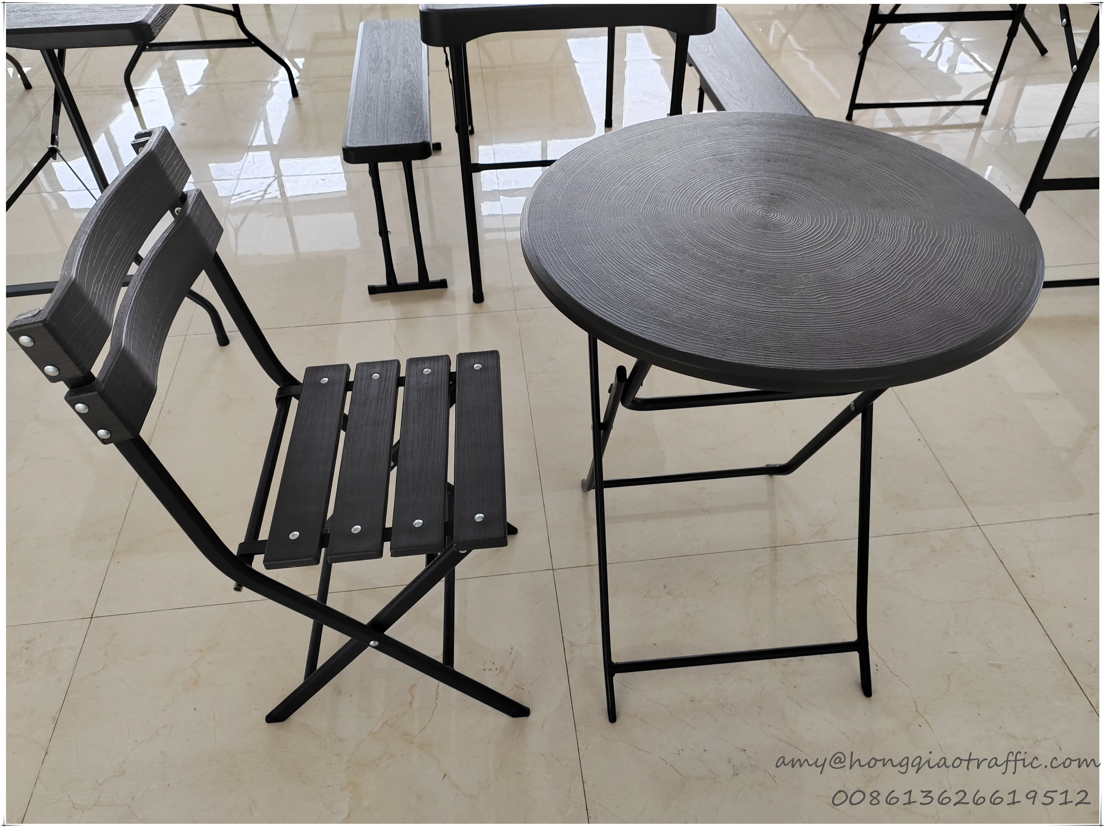 60cm Outdoor Wood Grain Garden Balcony Coffee Table Plastic Folding Round Bar Table Easy Carrying Fold Picnic Table