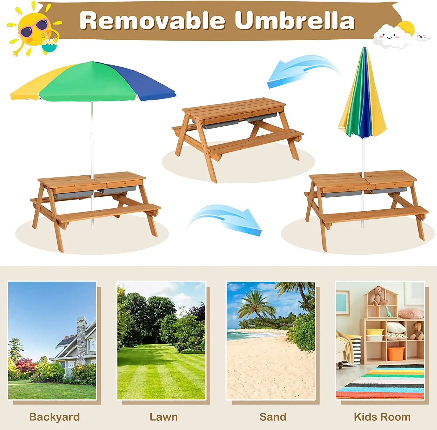 Kids Picnic Table Height Adjustable Umbrella, Removable Tabletop Children Outdoor Toy Play set Wooden Convertible Activity Table